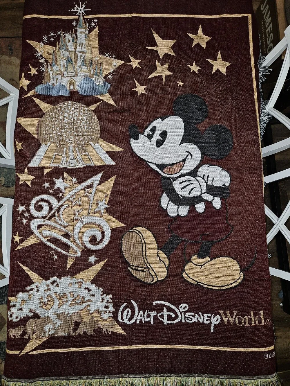 Vintage Walt Disney World 4 Kingdoms Mickey Mouse Tapestry Throw Burgundy 50x60